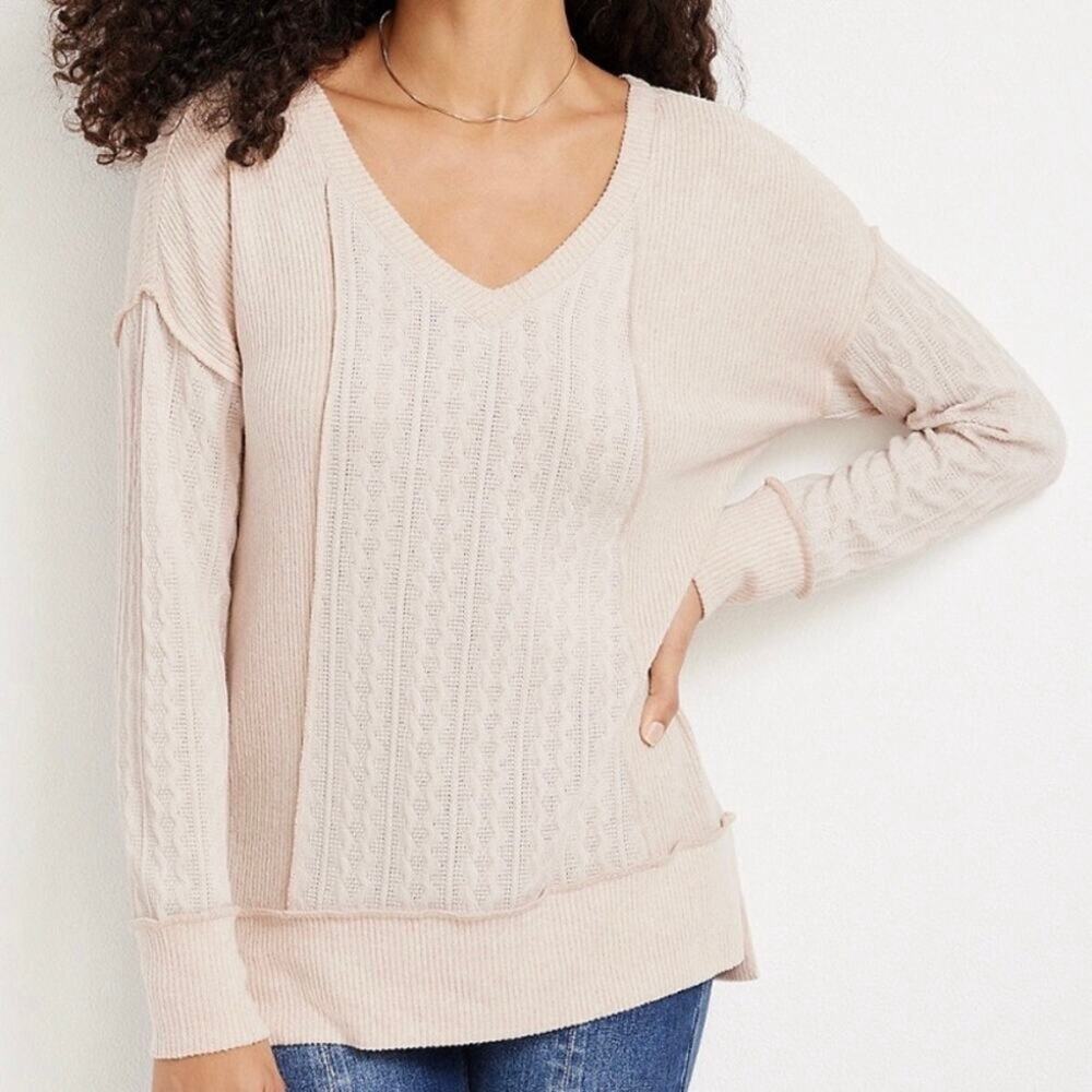 Maurices 1X Cream Lightweight Soft Keyhole Rib Knit Long Sleeve V-Neck Top NWT